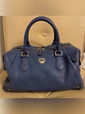 MCM Slate Blue Pebbled Saffiano Leather Satchel